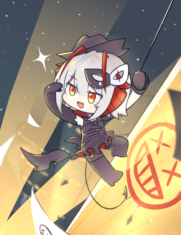 +_+ 10_(xknn5488) 1girl :d ambience_synesthesia antennae arknights asymmetrical_gloves black_footwear black_gloves black_headwear black_pantyhose black_shirt black_sky boots building chibi demon_girl demon_horns demon_tail elbow_gloves fang gloves gradient_eyes grey_hair hat horns knee_boots multicolored_eyes night official_alternate_costume open_mouth outdoors pantyhose rappelling red_eyes searchlight shirt short_hair single_elbow_glove skin_fang sky skyscraper smile solo star_(sky) starry_sky tail w_(arknights) yellow_eyes