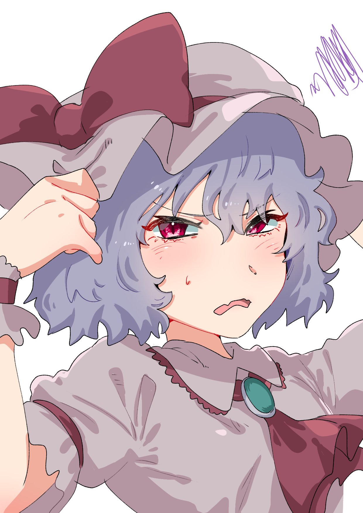 adjusting_clothes adjusting_headwear annoyed arms_up ascot blush bow brooch collared_shirt fang frilled_shirt_collar frills frown hair_between_eyes hat hat_bow highres jewelry looking_up mob_cap open_mouth pink_headwear pink_shirt purple_hair red_ascot red_bow red_eyes remilia_scarlet shirt short_hair short_sleeves skin_fang sobayu_to_tenpura squiggle sweatdrop touhou upper_body v-shaped_eyebrows wavy_hair white_background wrist_cuffs