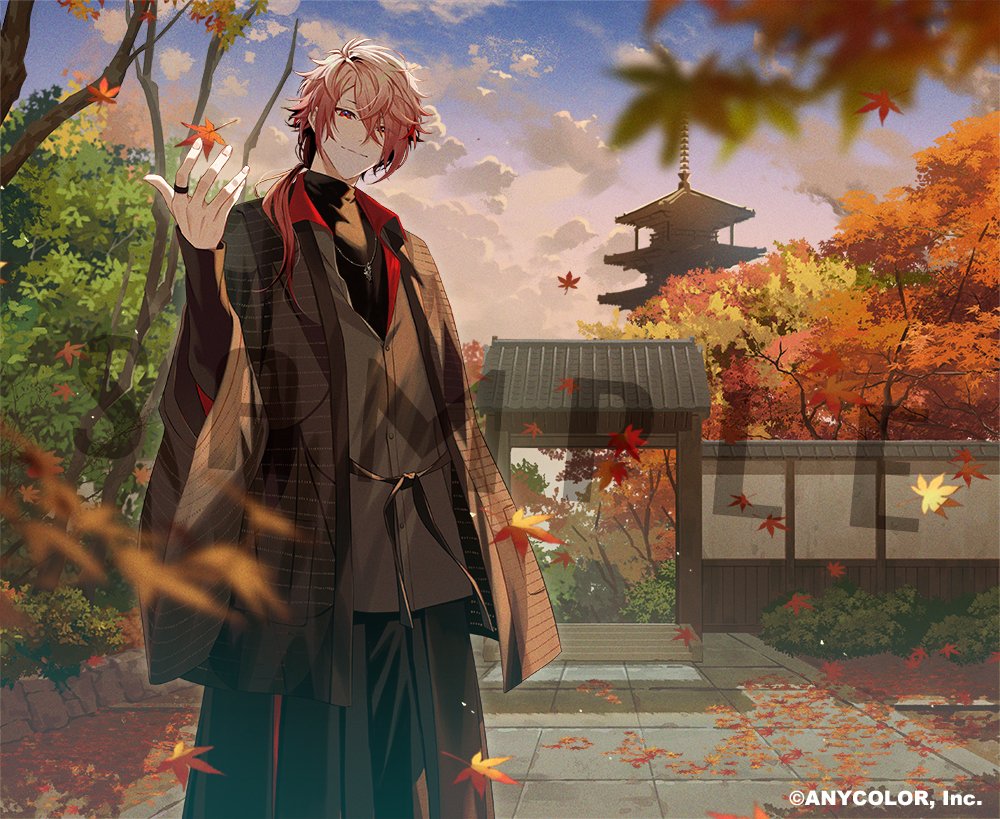 1boy architecture autumn_leaves black_hakama black_shirt black_undershirt blonde_hair blurry brown_jacket clouds copyright cowboy_shot crossed_bangs depth_of_field dusk east_asian_architecture falling_leaves gate grey_shirt hair_between_eyes hakama hand_up haori hinatsu jacket japanese_clothes jewelry leaf long_hair looking_at_viewer low_ponytail male_focus maple_leaf multicolored_hair necklace nijisanji official_art pagoda partially_unbuttoned pavement red_eyes redhead ring sample_watermark seraph_dazzlegarden shirt smile solo standing streaked_hair tree turtleneck undershirt virtual_youtuber watermark