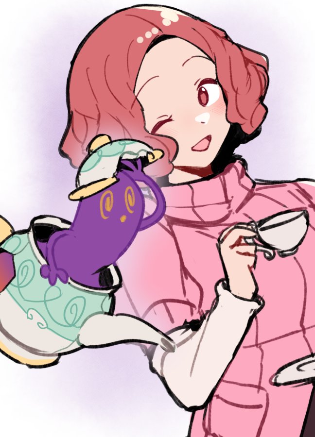 1girl crossover cup do_m_kaeru holding holding_cup okumura_haru one_eye_closed persona persona_5 pink_hair pink_sweater pokemon ribbed_sweater shirt_under_sweater short_hair sinistea solo sweater upper_body white_background
