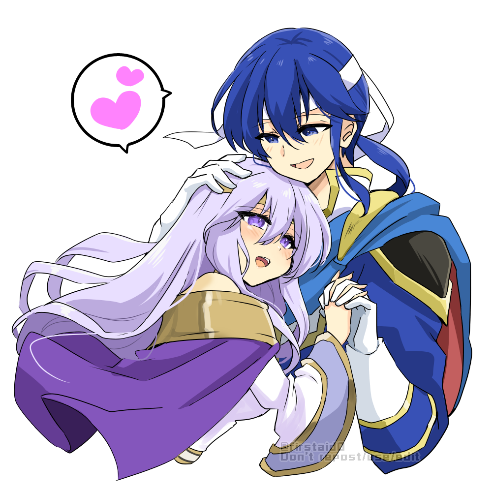 blue_eyes blue_hair brother_and_sister fire_emblem fire_emblem:_genealogy_of_the_holy_war hand_in_another's_hair happy holding_hands julia_(fire_emblem) open_mouth purple_hair seliph_(fire_emblem) siblings simple_background violet_eyes yukia_(firstaid0)