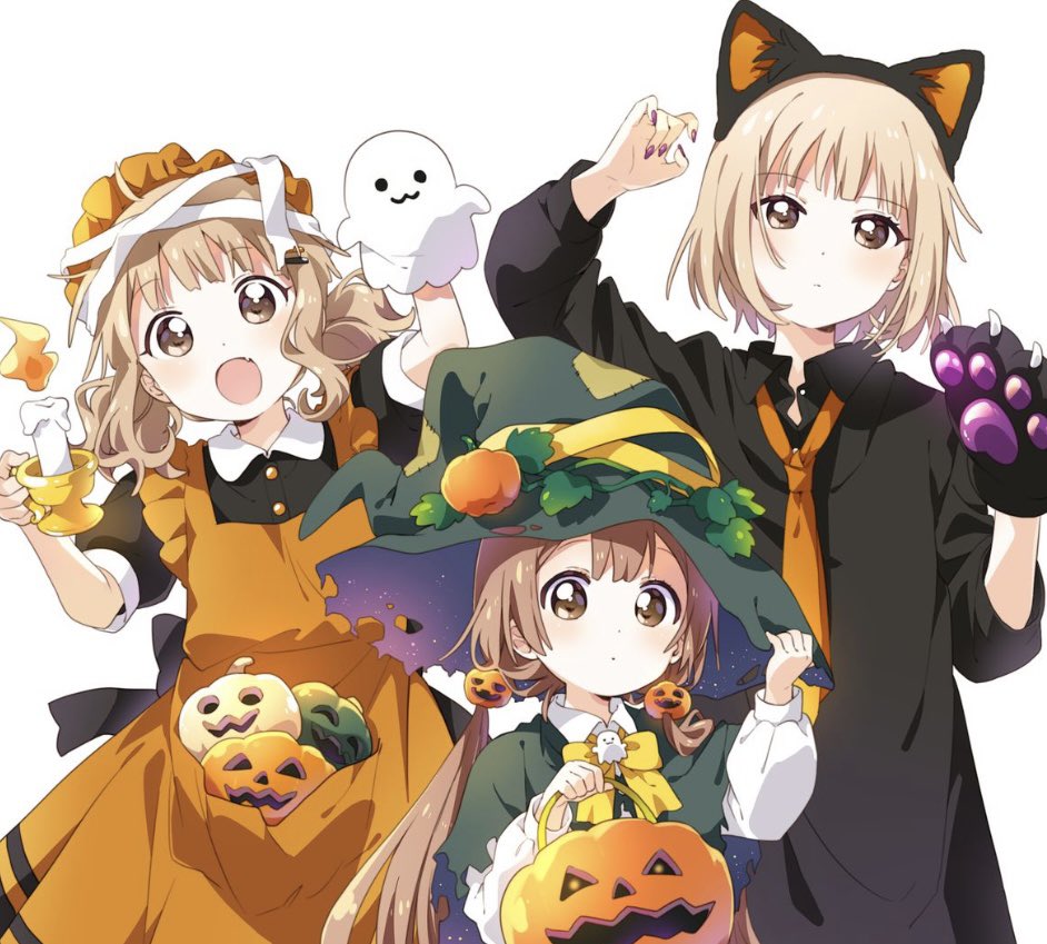 3girls :d animal_ears animal_hands apron back_bow bandage_on_hair black_bow black_ribbon black_shirt bow brown_eyes brown_hair candle candlestand capelet cat_ear_hairband cat_ears cat_paws collared_shirt english_commentary fang fingernails ghost gloves green_capelet green_headwear hair_ornament hairband halloween halloween_bucket halloween_costume hand_on_headwear hand_puppet hat hat_ribbon holding holding_candle jack-o'-lantern jack-o'-lantern_hair_ornament light_brown_hair long_hair long_sleeves loose_necktie low_twintails maid maid_apron maid_headdress multiple_girls nail_polish namori necktie oomuro-ke oomuro_hanako oomuro_nadeshiko oomuro_sakurako open_mouth orange_apron orange_necktie patch paw_gloves paw_pose plant puffy_long_sleeves puffy_short_sleeves puffy_sleeves pumpkin pumpkin_hat_ornament puppet ribbon shirt short_hair short_sleeves siblings simple_background sisters sleeves_pushed_up smile torn_capelet torn_clothes torn_hat twintails vines white_background witch witch_hat yellow_bow yellow_ribbon