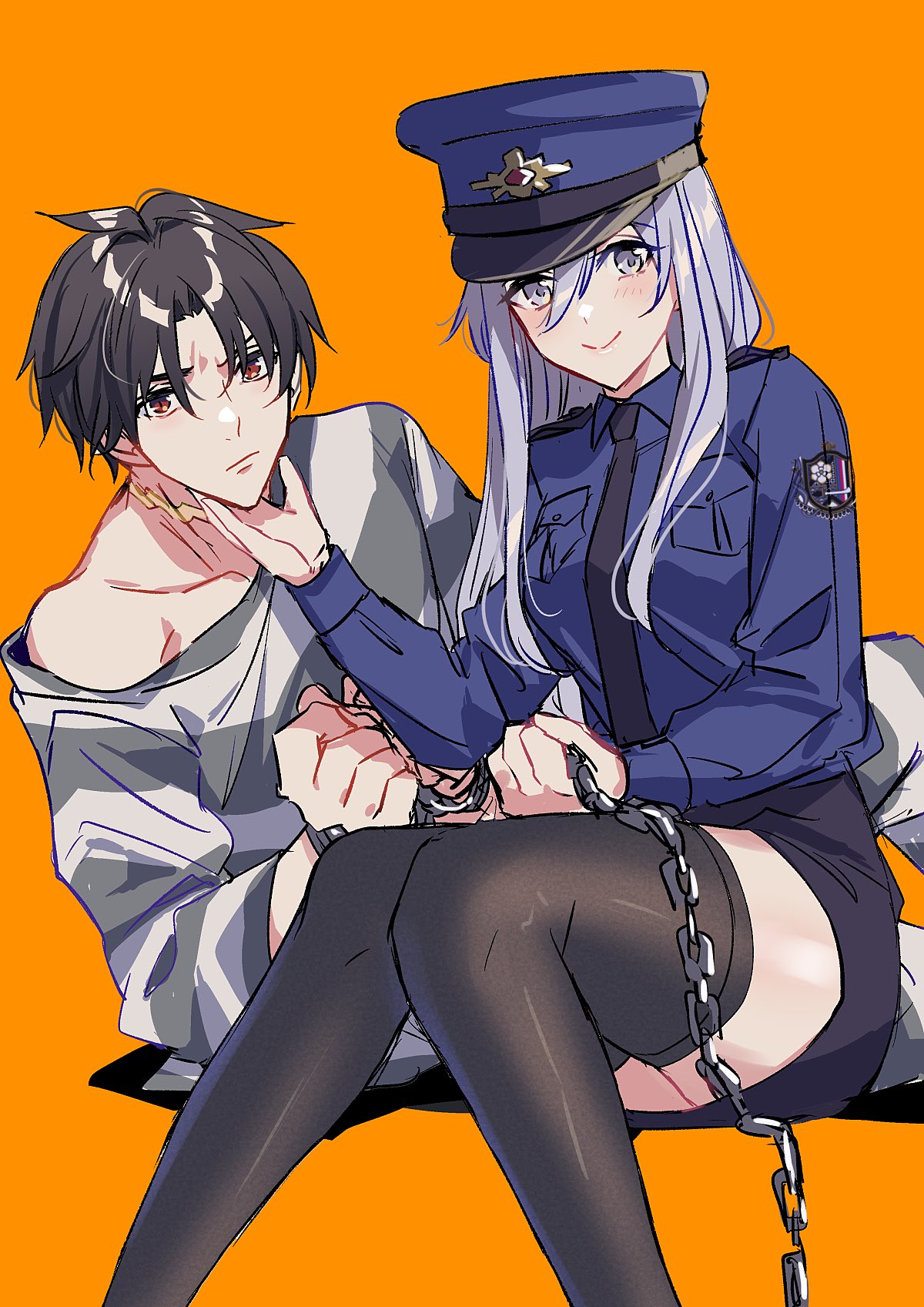 1boy 1girl 86_-eightysix- :/ black_hair black_necktie black_skirt black_thighhighs blue_jacket chain closed_mouth cuffs grey_eyes grey_hair hair_between_eyes halloween_costume hand_on_another's_chin handcuffs hat highres holding holding_chain invisible_chair jacket long_sleeves looking_at_viewer lying necktie off_shoulder on_side orange_background pencil_skirt police police_hat police_uniform policewoman prison_clothes prisoner red_eyes scar scar_on_neck shinei_nouzen shirt short_hair shousuke sitting sketch skirt smile striped striped_shirt thigh-highs uniform vladilena_millize