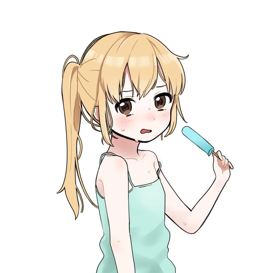 1girl bare_shoulders blonde_hair blue_camisole blush brown_eyes camisole commentary english_commentary flat_chest food futaba_anzu holding holding_food holding_popsicle hot idolmaster idolmaster_cinderella_girls looking_at_viewer open_mouth ponytail popsicle simple_background sketch sks_(s3_rosquilla) solo sweat upper_body white_background