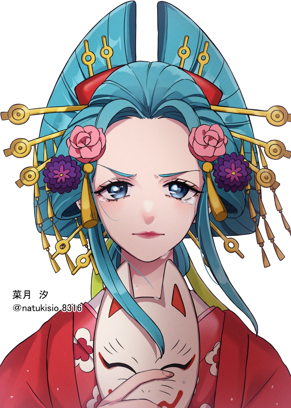 1girl aqua_eyes aqua_hair artist_name closed_mouth crying crying_with_eyes_open flower fox_mask hair_flower hair_ornament hair_stick highres holding holding_mask japanese_clothes kimono kouzuki_hiyori lipstick looking_at_viewer makeup mask natsuki_shio nihongami oiran one_piece pink_flower red_lips simple_background solo tears unworn_mask white_background