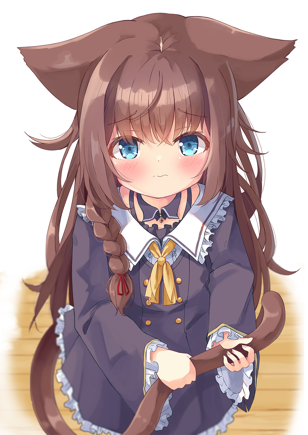 1girl animal_ears black_dress blue_eyes blush braid brown_hair cat_ears cat_girl cat_tail center_frills closed_mouth collared_shirt commentary_request commission dress frilled_shirt_collar frilled_sleeves frills hair_between_eyes hair_over_shoulder highres holding_own_tail long_hair long_sleeves looking_at_viewer manabe_mana original shirt simple_background single_braid skeb_commission sleeves_past_wrists solo tail very_long_hair wavy_mouth white_background white_shirt wide_sleeves wooden_floor