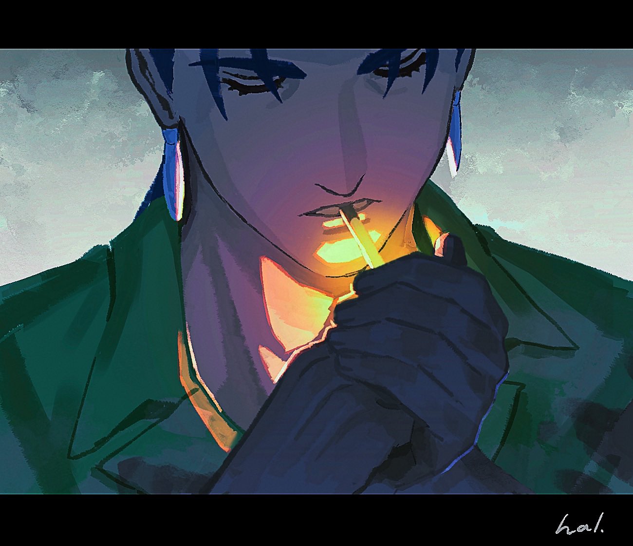 1boy cigarette closed_eyes collared_shirt cu_chulainn_(fate) earrings eyelashes facing_viewer fate/stay_night fate_(series) fire glowing green_shirt grey_background hal_(haaaalhal) jewelry letterboxed lighting_cigarette male_focus mouth_hold shirt signature upper_body