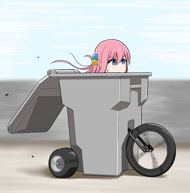 1girl blue_eyes blurry blurry_background bocchi_the_rock! chris_rollins comedy cube_hair_ornament floating_hair gotoh_hitori hair_ornament head_only in_trash_can long_hair maaranto motion_blur pink_hair riding_tricycle unconventional_vehicle wheel