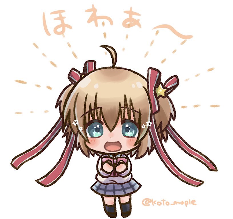 1girl :d ahoge aqua_eyes black_socks blonde_hair blush_stickers bow chibi commentary_request excited eyes_visible_through_hair hair_between_eyes hair_ornament hair_ribbon hands_up kamikita_komari kneehighs little_busters! little_busters!_school_uniform long_ribbon looking_at_viewer micchi_(koto_maple) open_mouth pink_bow red_ribbon ribbon school_uniform short_hair simple_background smile socks solo sparkling_eyes star_(symbol) star_hair_ornament sweater translated twitter_username two_side_up white_background yellow_sweater