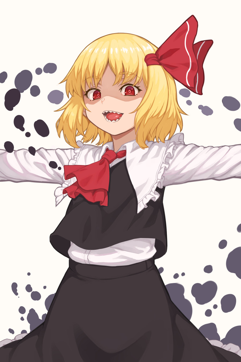 1girl ascot black_skirt black_vest blonde_hair collared_shirt frilled_shirt_collar frills hair_ribbon highres kakone long_sleeves looking_at_viewer open_mouth outstretched_arms red_ascot red_eyes red_ribbon ribbon rumia shaded_face sharp_teeth shirt short_hair simple_background skirt smile solo spread_arms teeth touhou vest white_background white_shirt