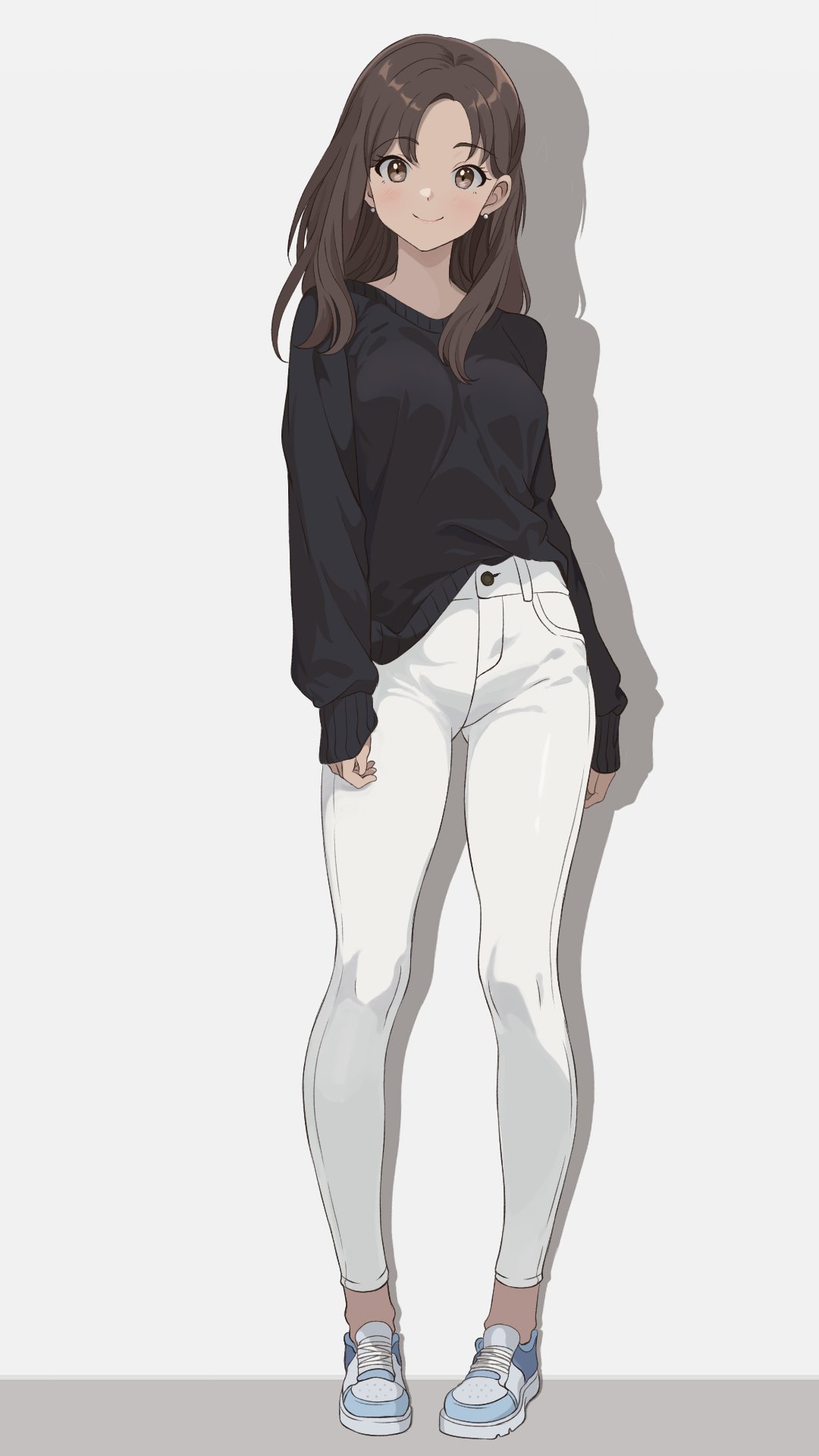 1girl black_shirt breasts brown_eyes brown_hair chocomiru commentary earrings english_commentary full_body highres jewelry long_sleeves looking_at_viewer medium_breasts medium_hair original pants shadow shirt shoes smile sneakers solo white_background white_pants