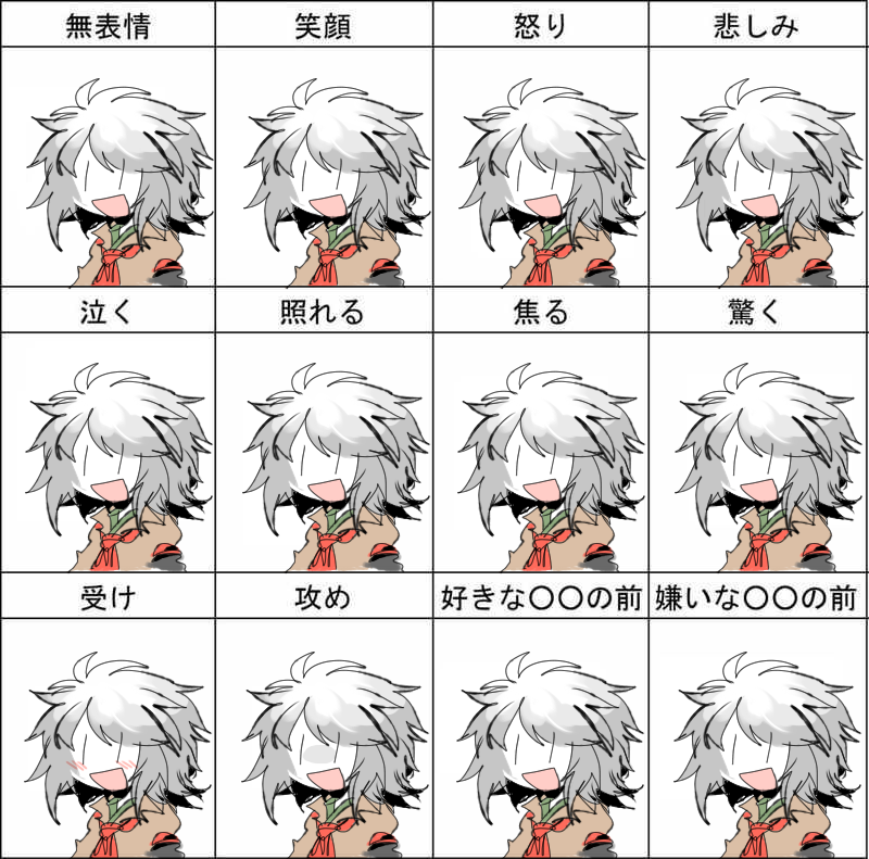 1other :d androgynous ascot brown_shirt colored_skin expression_chart grey_hair houlen_yabusame len'en ling_s medium_hair no_nose open_mouth other_focus recurring_image red_ascot shirt sketch smile translation_request turn_pale white_skin