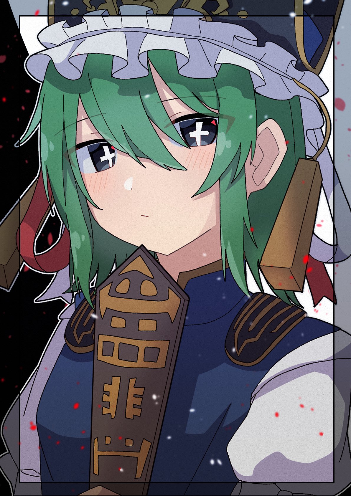 1girl closed_mouth commentary epaulettes frilled_hat frills green_eyes green_hair hat highres looking_at_viewer rod_of_remorse shiki_eiki short_hair solo touhou upper_body yuzupon_(yuzuponpon)