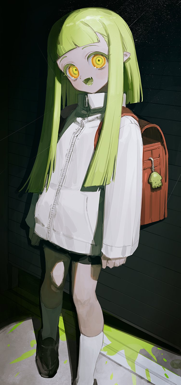 1girl backpack bag black_shorts charm_(object) colored_eyelashes colored_tongue fangs foot_out_of_frame frost_fog green_hair green_tongue highres jacket loafers looking_at_viewer open_mouth pointy_ears randoseru red_bag ringed_eyes shoes short_hair_with_long_locks shorts smile socks solo splatoon_(series) staring teeth white_jacket white_socks yellow_eyes