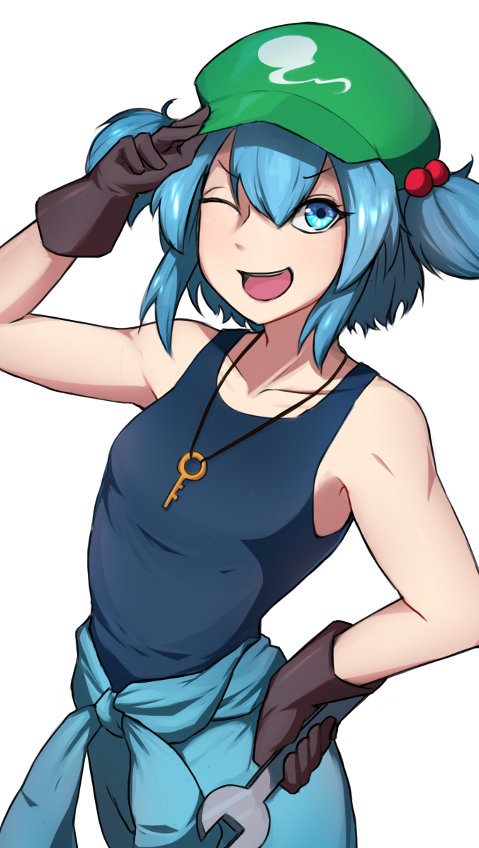 1girl armpits blue_hair collarbone flat_cap front_ponytail gloves green_headwear hair_bobbles hair_ornament hat kawashiro_nitori key simple_background smile solo spottylen tank_top touhou two_side_up white_background