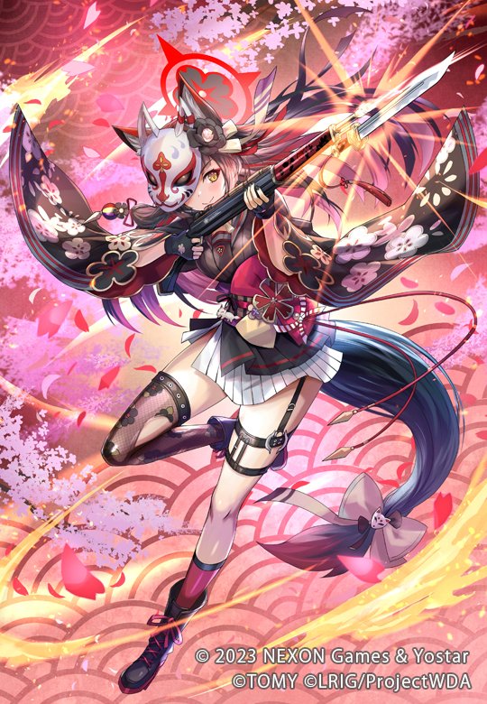 1girl animal_ears black_footwear black_gloves black_hair black_thighhighs blue_archive boots breasts fingerless_gloves floral_print fox_ears fox_girl fox_mask fox_tail garter_straps gloves hair_ornament hokuyuu holding holding_weapon japanese_clothes leg_up long_hair mask multicolored_hair official_art petals red_socks redhead single_sock single_thighhigh socks solo tail thigh-highs thigh_strap very_long_hair wakamo_(blue_archive) weapon wide_sleeves wixoss