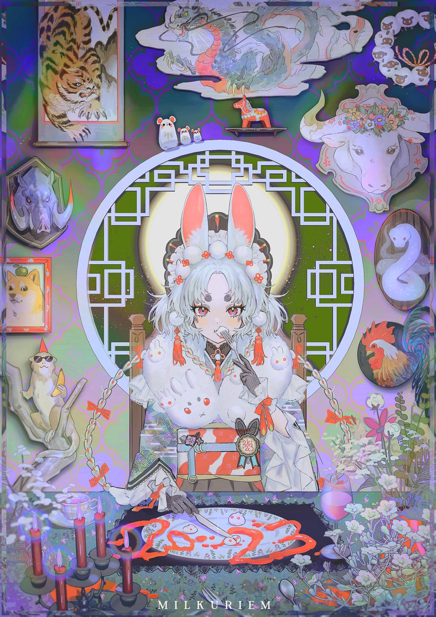 1girl animal_ear_fluff animal_ears architecture artist_name banana bird black_gloves black_headwear boar bonnet bow brown_hakama bull candle chicken chinese_zodiac commentary dog dragon earrings east_asian_architecture eating english_commentary eyelashes flower food fork frilled_headwear frilled_sleeves frills fruit fur_scarf gloves green_kimono hair_bow hair_ornament hakama hat head-mounted_display highres holding holding_food holding_fork holding_fruit holding_knife horse indoors japanese_clothes jewelry kimono knife long_hair long_sleeves low_twintails mat milkuriem monkey mouse multiple_hair_bows new_year original party_hat plant plate pom_pom_(clothes) pom_pom_earrings pom_pom_hair_ornament potted_plant rabbit rabbit_ears red_bow red_eyes red_headwear rooster scarf sheep shelf sitting snake solo sunglasses tassel tassel_earrings tiger twintails upper_body white_flower white_hair white_scarf white_wrist_cuffs wide_sleeves wrist_bow year_of_the_rabbit