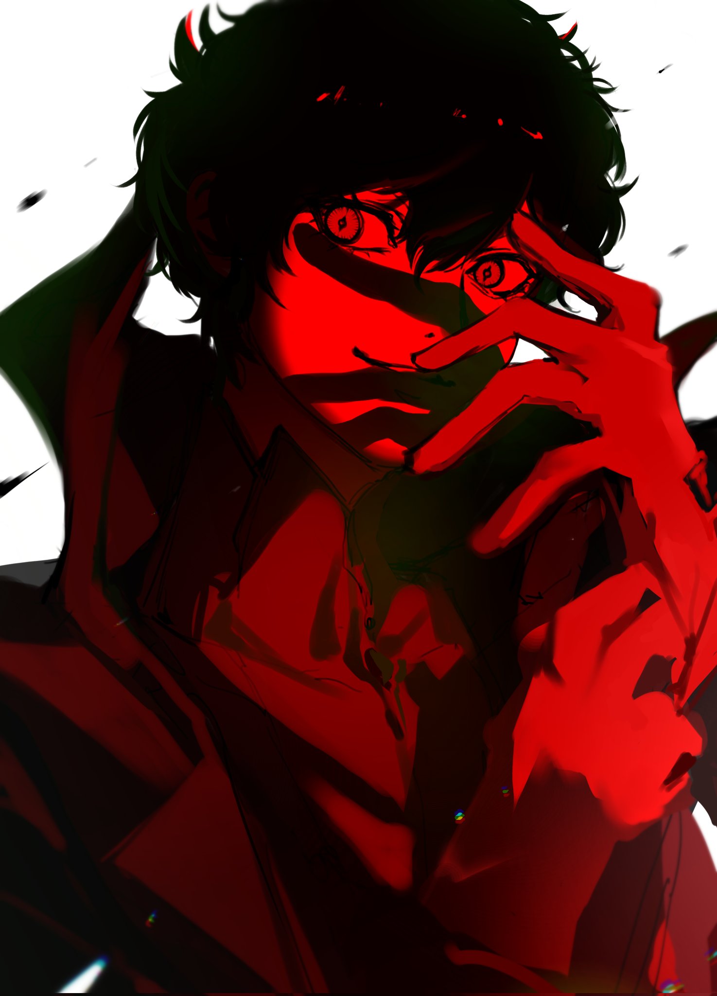1boy adjusting_clothes adjusting_gloves amamiya_ren coat gloves hair_between_eyes high_collar highres long_sleeves looking_at_viewer male_focus monochrome nagisa99 parted_lips persona persona_5 red_theme simple_background solo upper_body white_background