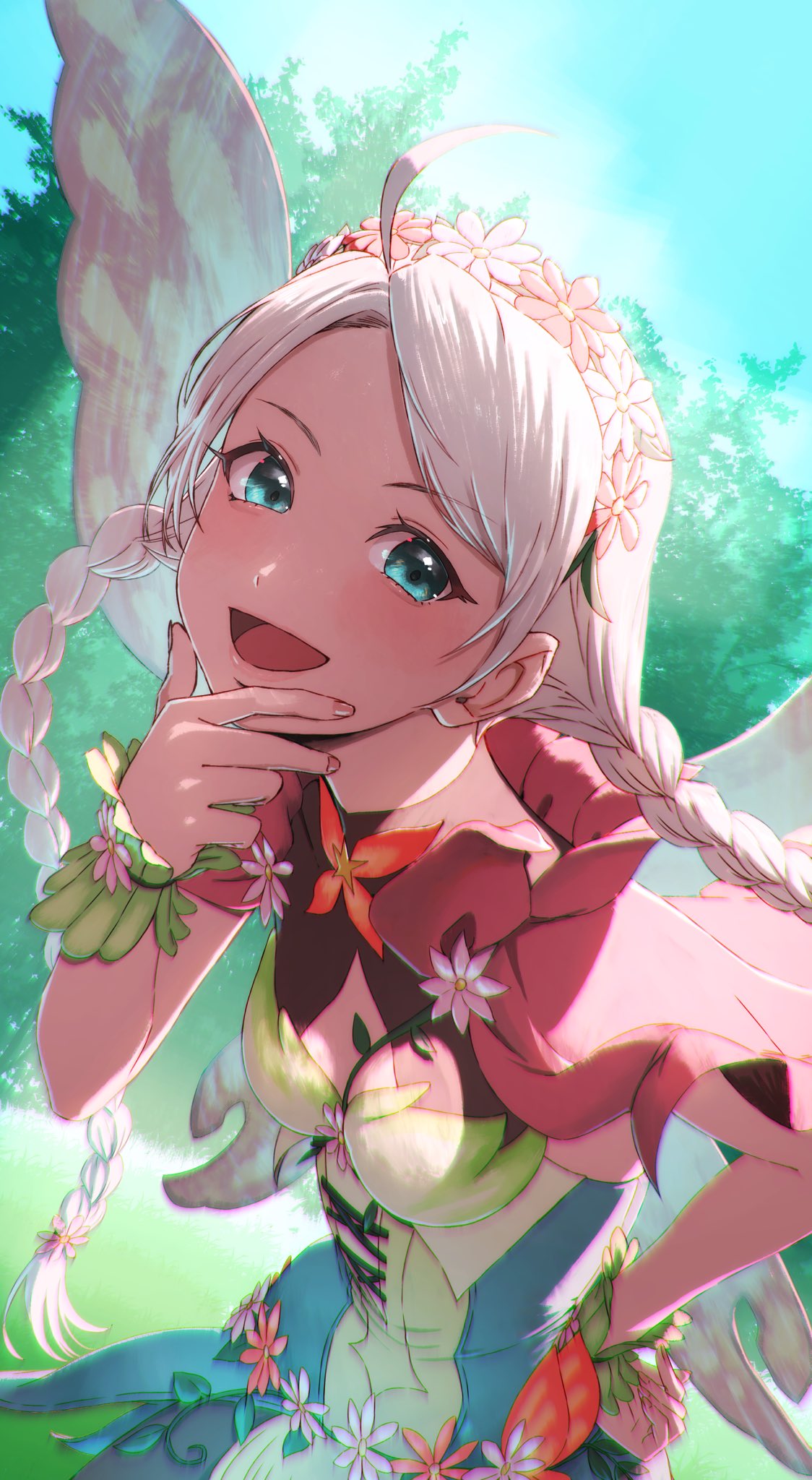 1girl aduti_momoyama ahoge braid breasts capelet fairy fairy_wings fire_emblem fire_emblem_fates fire_emblem_heroes flower hair_flower hair_ornament hand_on_own_chin hand_on_own_hip highres leaf_bracelet looking_at_viewer low_twin_braids medium_breasts nina_(fire_emblem) nina_(resplendent)_(fire_emblem) official_alternate_costume open_mouth parted_bangs pink_capelet pink_flower twin_braids twintails white_flower white_hair wings