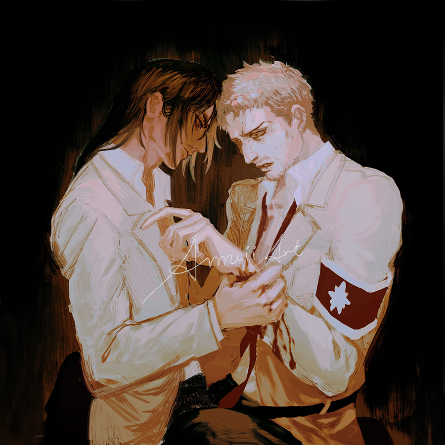2boys aged_up amuii armband blood blood_on_hands eren_yeager from_side grabbing_another's_arm male_focus marley_military_uniform multiple_boys nervous pinned profile reiner_braun serious shingeki_no_kyojin short_hair upper_body