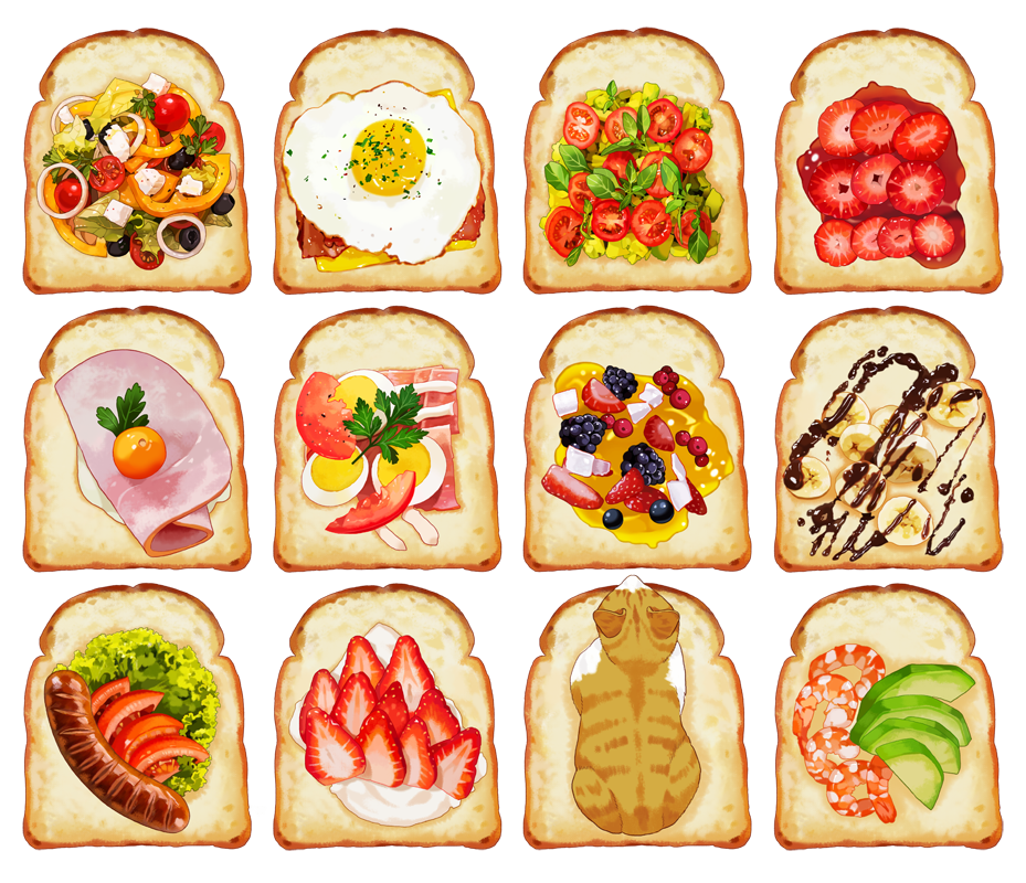 animal_focus avocado bacon banana bell_pepper blackberry_(fruit) cat cheese cherry_tomato chocolate_syrup currant food food_focus fried_egg fried_egg_on_toast from_above fruit garnish ham hardboiled_egg herb honey jam korean_commentary lettuce no_humans olive on_food onion original salad sausage shrimp simple_background slothm22 strawberry toast tomato whipped_cream white_background
