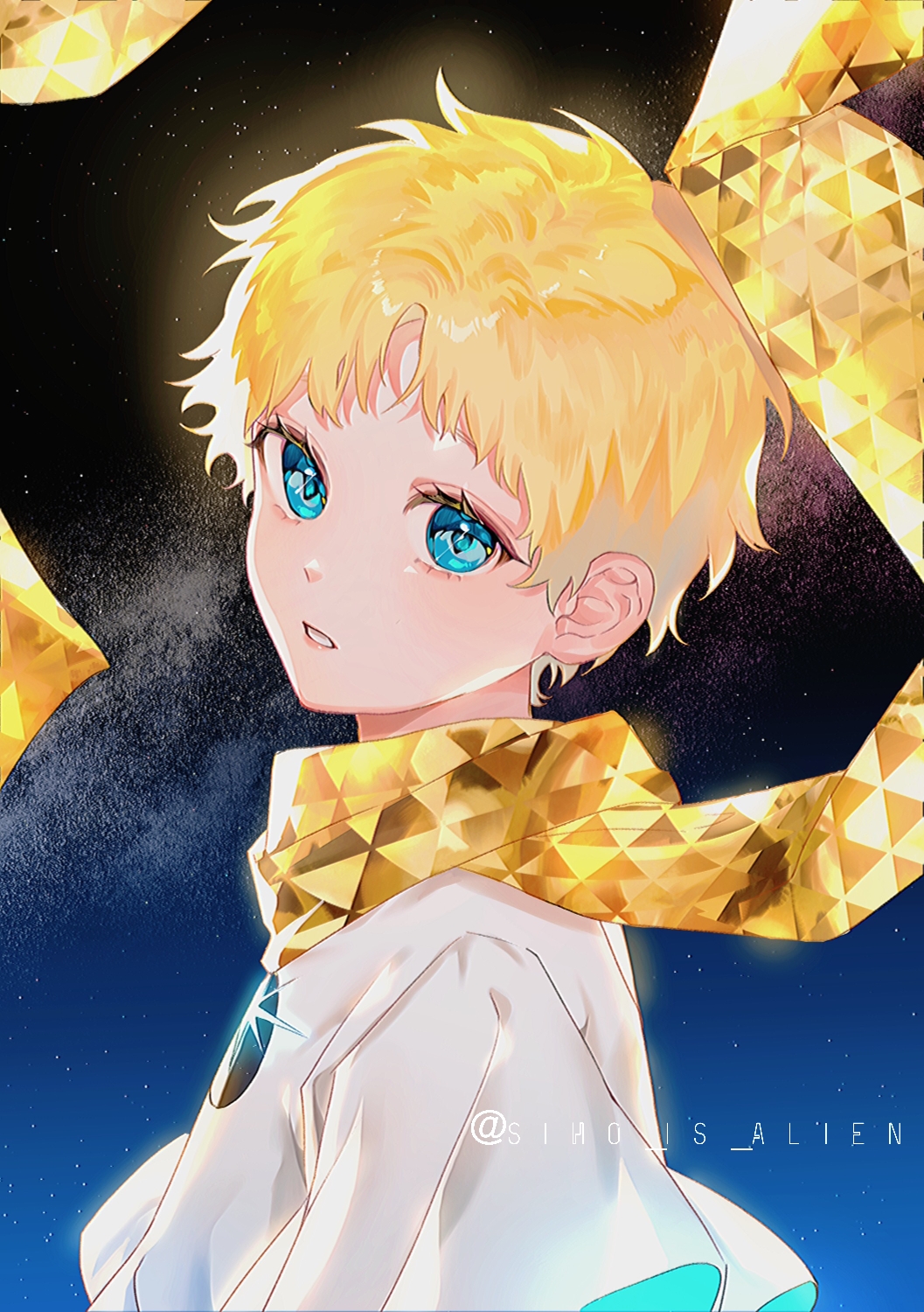 1boy blonde_hair blue_eyes fate/grand_order fate_(series) highres night night_sky scarf shirt short_hair siho_is_alien sky voyager_(fate) white_shirt yellow_scarf