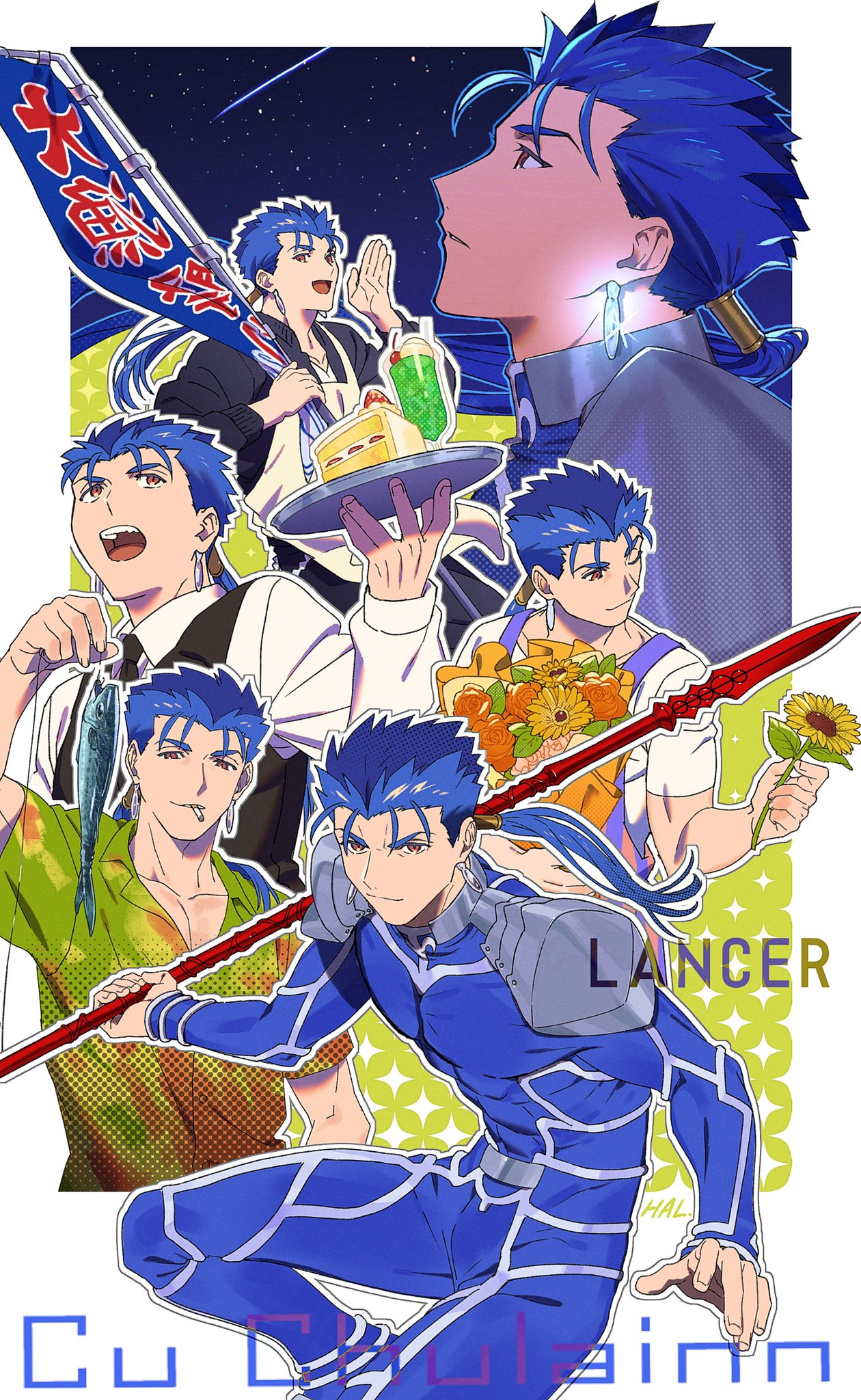 1boy apron armor black_jacket black_necktie black_vest blue_bodysuit blue_hair bodysuit bouquet cake cake_slice character_name cherry cigarette closed_mouth cu_chulainn_(fate) earrings fate_(series) fish fishing fishing_hook flag flower food fruit gae_bolg_(fate) glint glowing glowing_earrings hal_(haaaalhal) highres holding holding_bouquet holding_flag holding_flower holding_polearm holding_tray holding_weapon jacket jewelry looking_up male_focus necktie one_eye_closed open_mouth orange_flower orange_rose parted_lips pectorals polearm ponytail red_eyes rose shirt shooting_star shoulder_armor smoking star_(sky) strawberry_shortcake striped striped_apron teeth translation_request tray upper_teeth_only vest weapon white_apron white_shirt