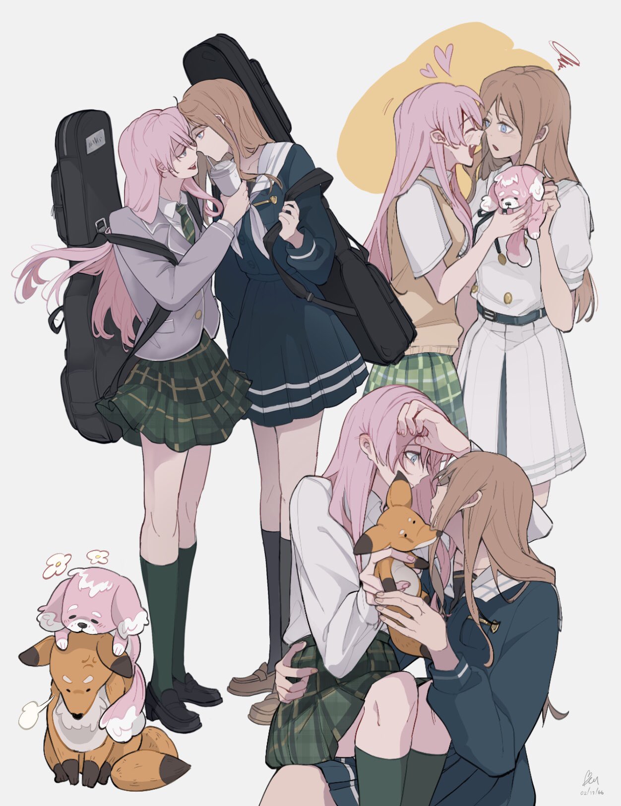 2girls bang_dream! bang_dream!_it's_mygo!!!!! black_footwear black_socks blazer blue_eyes blue_shirt blue_skirt blush breasts brown_footwear brown_hair brown_sweater_vest bunnyeiei chihaya_anon closed_eyes closed_mouth collarbone collared_shirt commentary couple cup dated disposable_cup eye_contact fang floating_hair full_body green_skirt green_socks grey_jacket haneoka_school_uniform highres holding holding_cup instrument_case instrument_on_back jacket kneehighs loafers long_hair long_sleeves looking_at_another medium_breasts multiple_girls nagasaki_soyo neckerchief open_mouth parted_lips pink_hair plaid plaid_skirt pleated_skirt sailor_collar school_uniform serafuku sharing shirt shoes short_sleeves sidelocks signature sitting sitting_on_lap sitting_on_person skirt smile socks standing sweater_vest symbol-only_commentary teeth tsukinomori_school_uniform upper_teeth_only white_neckerchief white_sailor_collar white_shirt white_skirt yuri