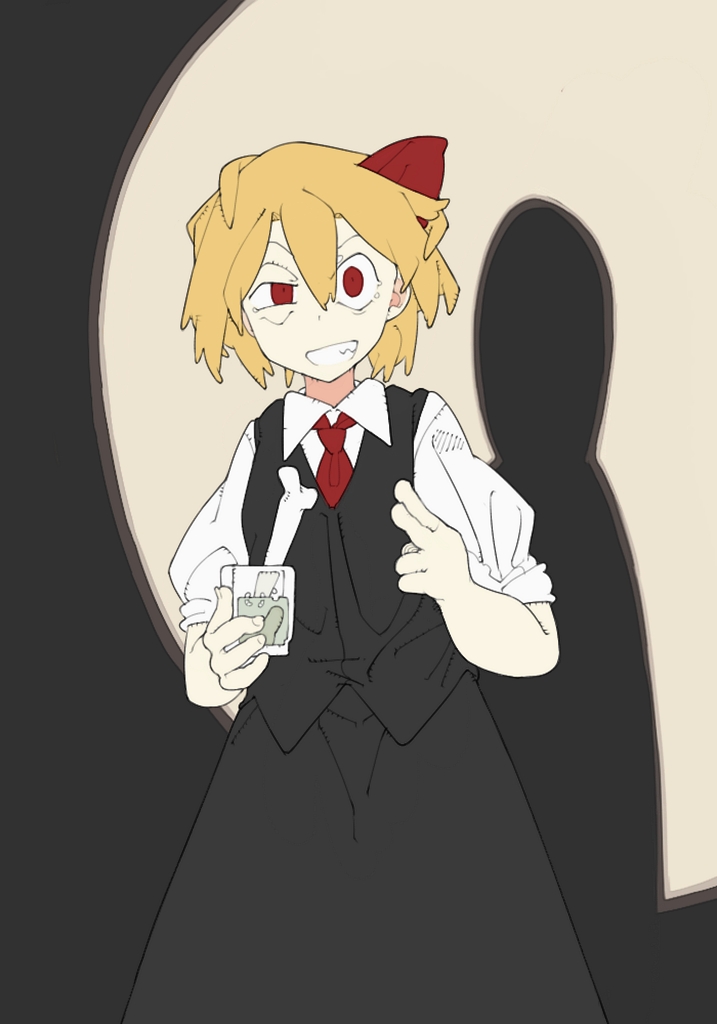 1girl black_skirt black_vest blonde_hair bolos bone collared_shirt commentary cowboy_shot cup english_commentary finger_gun flat_chest grin hair_between_eyes hair_ribbon holding holding_cup long_bangs long_skirt looking_at_viewer messy_hair necktie red_eyes red_necktie red_ribbon ribbon rumia shadow shirt short_hair short_sleeves skirt skirt_set smile solo touhou uneven_eyes vest white_shirt