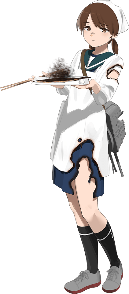 1girl apron brown_eyes brown_hair fish full_body kantai_collection low_twintails neckerchief official_art open_mouth pleated_skirt sad sailor_collar saury school_uniform serafuku shawl shibafu_(glock23) shirayuki_(kancolle) short_hair short_twintails skirt torn_clothes transparent_background twintails