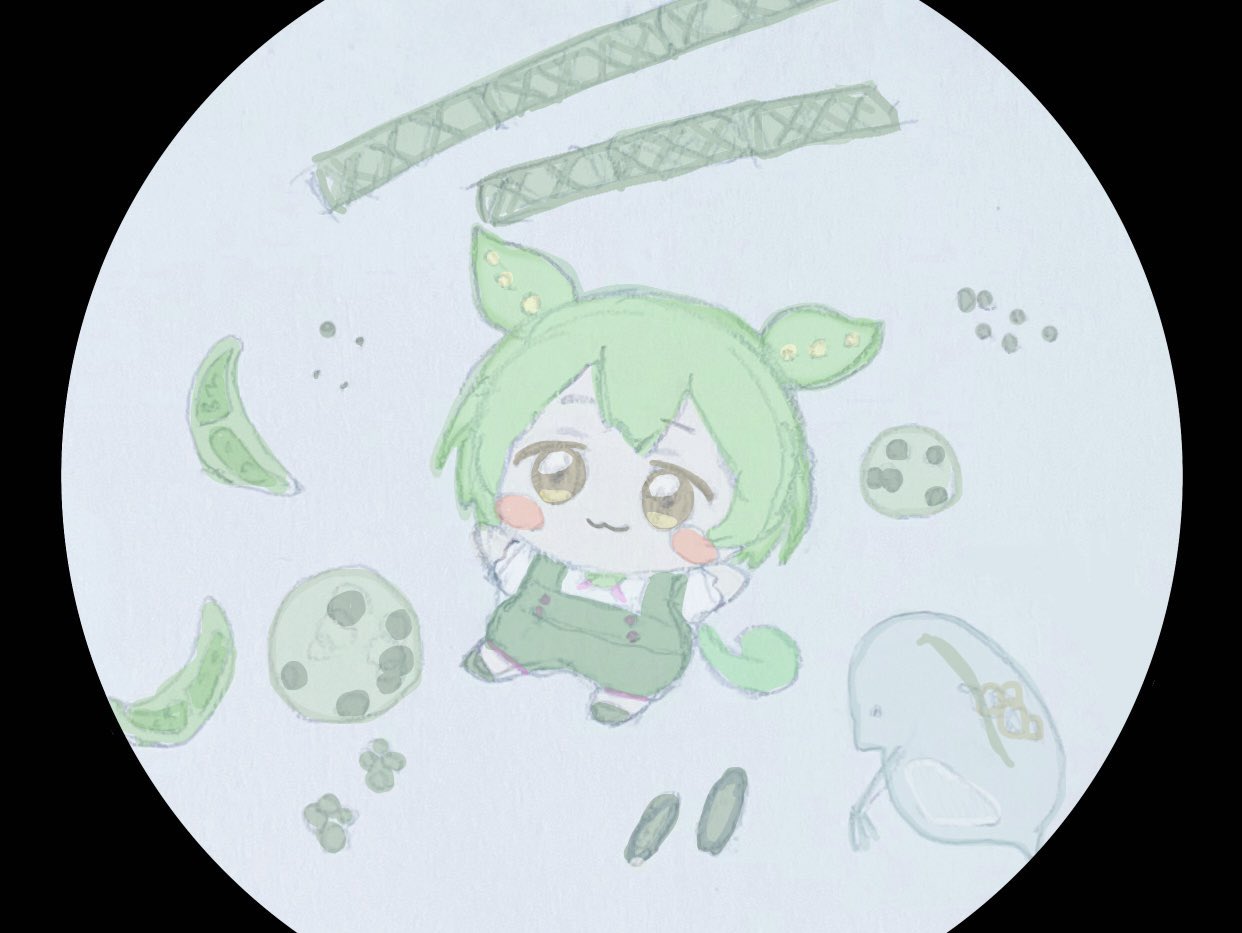 1girl :3 amoeba animal_request arms_up bacteria black_border blush_stickers border chibi commentary_request full_body green_hair green_shorts grey_background long_hair looking_at_viewer low_ponytail microscope mini_person minigirl round_image shirt shorts simple_background solo suspender_shorts suspenders tox_(toxdetox) voicevox white_shirt yellow_eyes zundamon