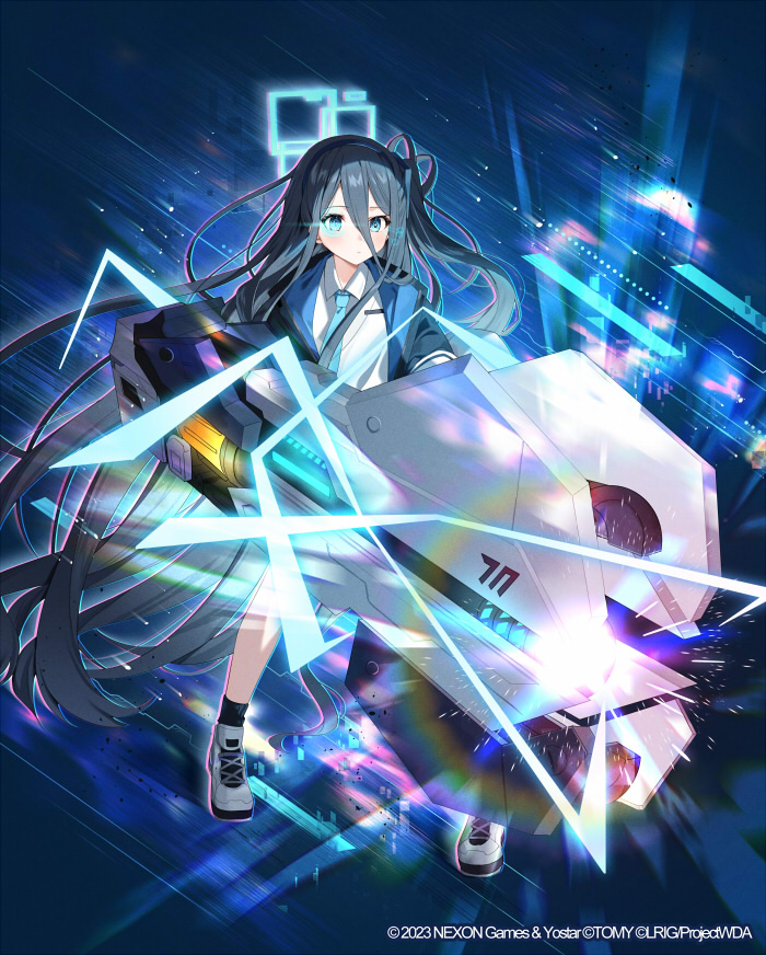 1girl aqua_eyes aqua_necktie aris_(blue_archive) black_hair black_socks blue_archive closed_mouth coat collared_shirt full_body hair_between_eyes hairband halo holding holding_weapon long_hair necktie official_art one_side_up open_clothes open_coat railgun shirt shoes simple_background sneakers socks solo very_long_hair weapon white_footwear wixoss yon_(letter)