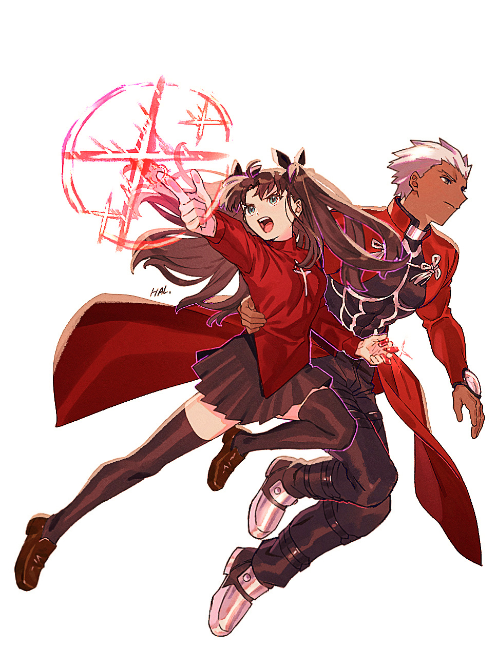 1boy 1girl archer_(fate) black_pants black_shirt black_skirt black_thighhighs brown_footwear brown_hair closed_mouth coat dark-skinned_male dark_skin dynamic_pose fate/stay_night fate_(series) finger_gun frown gem green_eyes hal_(haaaalhal) hand_on_another's_waist highres long_hair long_sleeves magic pants pectorals red_coat red_gemstone red_sweater shirt short_hair skirt socks steel-toe_boots sweater thigh-highs tohsaka_rin twintails white_hair white_socks