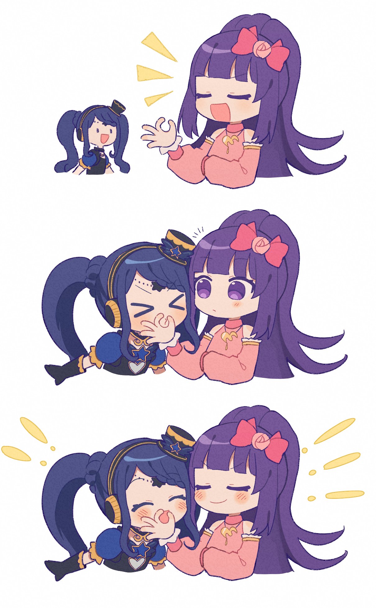 &gt;_&lt; 2girls :d ^_^ black_gloves blue_hair blunt_bangs blush bow braid braided_bangs closed_eyes closed_mouth commentary_request cropped_torso detached_sleeves facing_another galala_s_leep gloves hair_bow hanazono_shuuka hand_up hat headphones highres idol_time_pripara korean_commentary long_hair looking_at_another mini_hat multiple_girls multiple_views notice_lines ok_sign open_mouth pink_bow pink_sleeves ponytail pretty_(series) pripara puffy_short_sleeves puffy_sleeves purple_hair sequential short_sleeves simple_background smile star_(symbol) sururufu twintails upper_body v-shaped_eyebrows violet_eyes white_background