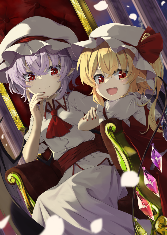 2girls :d akisome_hatsuka ascot bat_wings blonde_hair closed_mouth collared_shirt commentary_request crystal fang fingernails flandre_scarlet hat hat_ribbon long_fingernails looking_at_viewer medium_hair mob_cap multiple_girls one_side_up open_mouth pointy_ears purple_hair red_ascot red_eyes red_nails red_ribbon red_vest remilia_scarlet ribbon shirt short_hair short_sleeves siblings sisters sitting skin_fang skirt smile throne touhou vest white_headwear white_shirt white_skirt wings