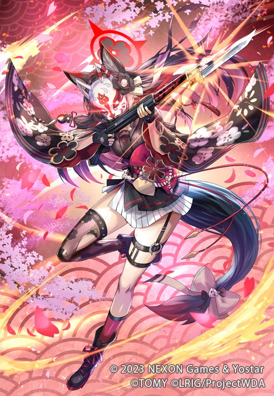1girl animal_ears black_footwear black_gloves black_hair black_thighhighs blue_archive boots breasts fingerless_gloves floral_print fox_ears fox_girl fox_mask fox_tail garter_straps gloves glowing hair_ornament hokuyuu holding holding_weapon japanese_clothes leg_up long_hair mask multicolored_hair official_art petals red_socks redhead single_sock single_thighhigh socks solo tail thigh-highs thigh_strap very_long_hair wakamo_(blue_archive) weapon wide_sleeves wixoss