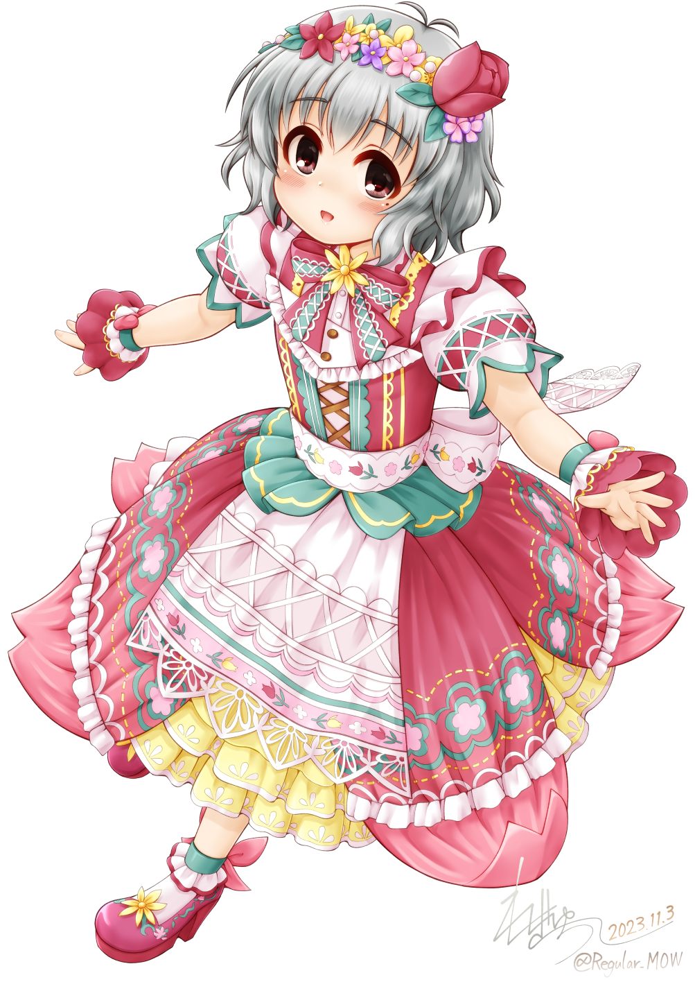 1girl :d blush bow brown_eyes dated dress flower frilled_dress frills full_body grey_hair hair_flower hair_ornament high_heels highres idolmaster idolmaster_cinderella_girls idolmaster_cinderella_girls_starlight_stage looking_at_viewer mole mole_under_eye narumiya_yume pink_flower puffy_short_sleeves puffy_sleeves purple_flower red_bow red_dress red_flower red_footwear red_tulip regular_mow shirt short_sleeves signature simple_background smile solo tulip twitter_username white_background white_shirt wrist_cuffs yellow_flower
