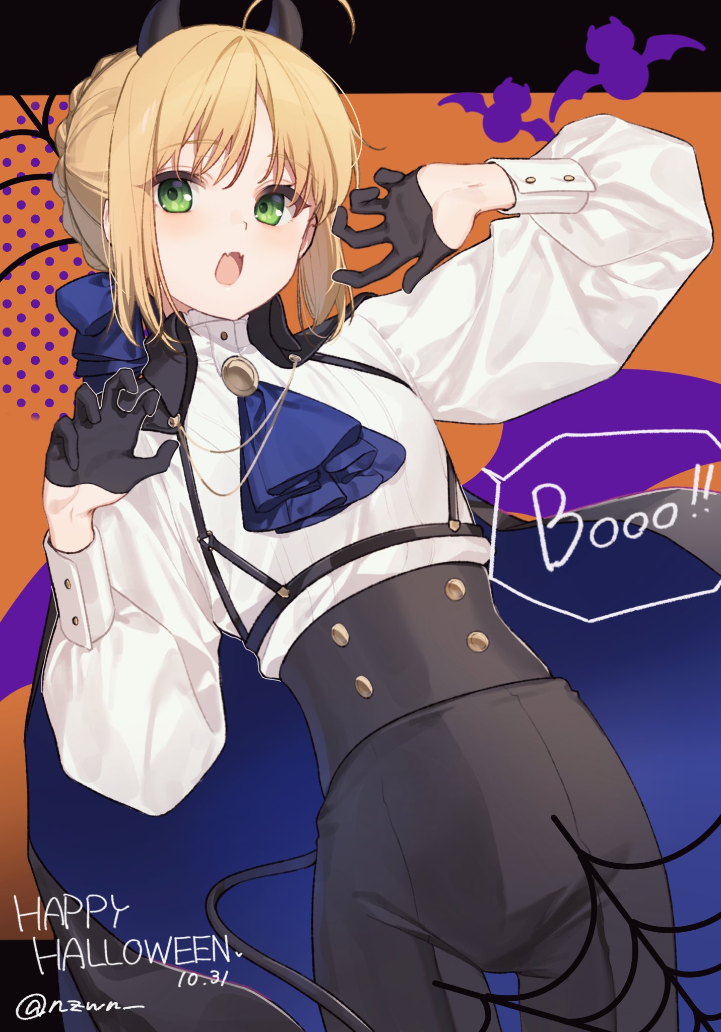 1girl ahoge alternate_costume artoria_pendragon_(fate) ascot black_cape black_gloves black_horns black_pants blonde_hair blue_ascot braid buttons cape commentary_request dated demon_tail english_text fake_horns fake_tail fang fate/stay_night fate_(series) french_braid gloves green_eyes half_gloves halloween_costume happy_halloween highres horns long_sleeves looking_at_viewer nozawa_noko pants saber shirt short_hair skin_fang solo tail twitter_username white_shirt