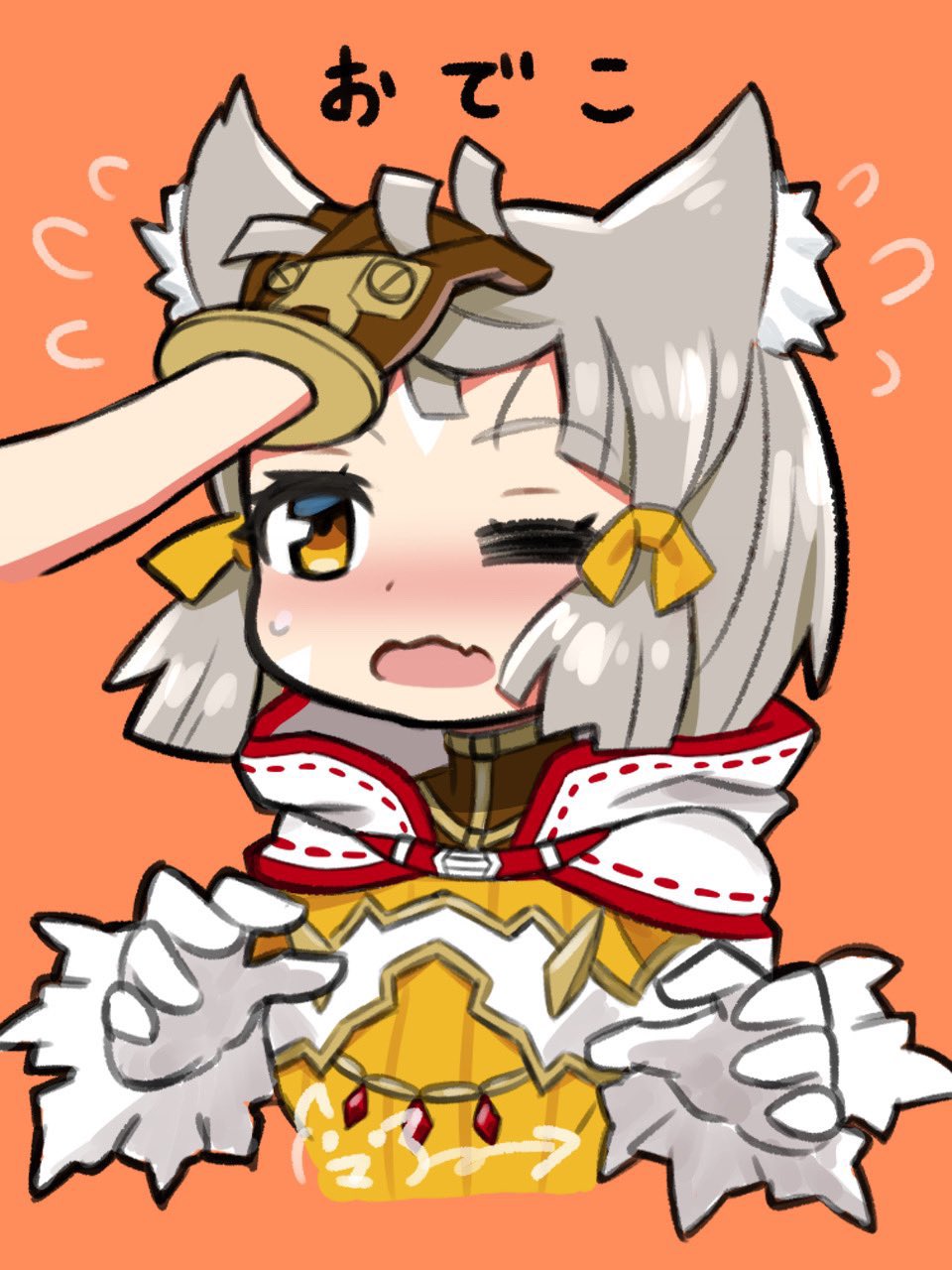 1boy 1girl =_= animal_ear_fluff animal_ears blush bodysuit bow brown_gloves character_request check_character fang flying_sweatdrops gloves grey_hair hair_bow headpat highres ma2acworks nia_(xenoblade) nose_blush one_eye_closed open_mouth orange_background out_of_frame rex_(xenoblade) simple_background solo_focus sweat translation_request upper_body white_gloves xenoblade_chronicles_(series) xenoblade_chronicles_2 yellow_bodysuit yellow_bow