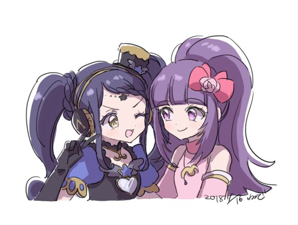 2girls :d bare_shoulders blue_hair blunt_bangs bow braid braided_bangs closed_mouth cropped_torso detached_sleeves forehead_jewel galala_s_leep hair_bow hanazono_shuuka hand_up hat headphones idol_time_pripara jewelry long_hair looking_at_another mini_hat multiple_girls necklace open_mouth pink_bow ponytail pretty_(series) pripara puffy_short_sleeves puffy_sleeves purple_hair rituyama1 short_sleeves simple_background smile star_(symbol) twintails upper_body v v-shaped_eyebrows violet_eyes white_background yellow_eyes