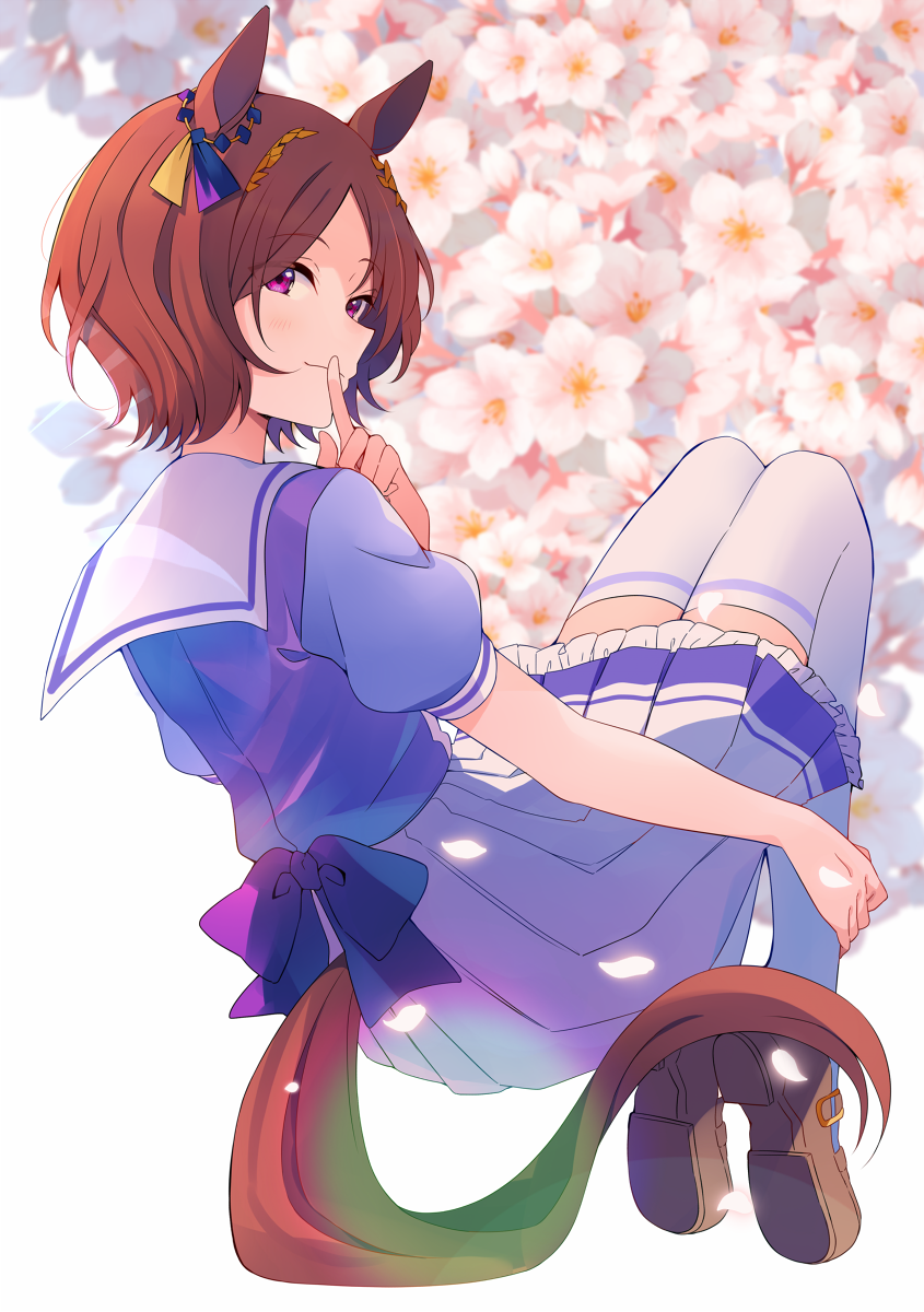 1girl animal_ears blush brown_hair brown_thighhighs cherry_blossoms closed_mouth finger_to_mouth full_body hair_ornament hand_up highres horse_ears horse_girl horse_tail looking_at_viewer petals puffy_short_sleeves puffy_sleeves purple_shirt sailor_collar sakura_laurel_(umamusume) school_uniform shirt shoes short_hair short_sleeves shushing skirt smile solo tail thigh-highs tracen_school_uniform umamusume violet_eyes white_skirt white_thighhighs yukichi_(eikichi)