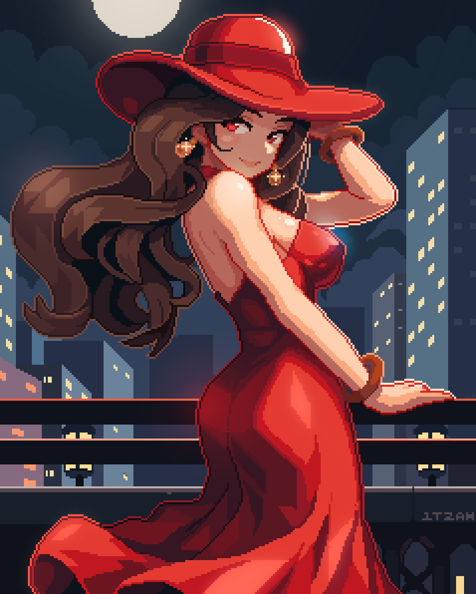 1girl artist_name ass backless_dress backless_outfit balcony bare_shoulders bracelet brown_hair clouds dress earrings itzah jewelry long_hair looking_at_viewer moon night pauline_(mario) pixel_art red_dress red_eyes red_headwear smile solo super_mario_bros.