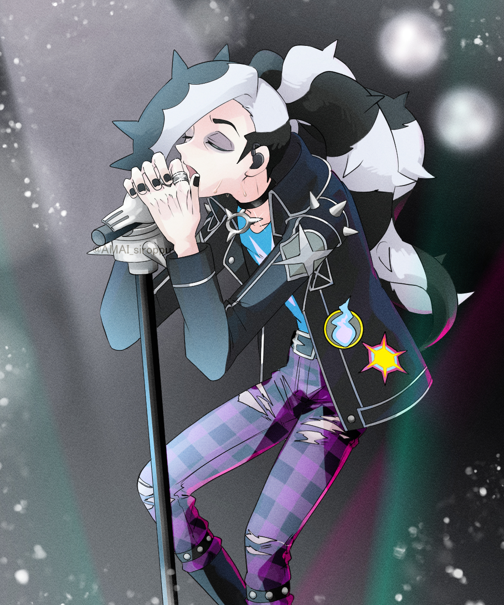 1boy black_hair black_jacket blue_shirt closed_eyes dabu_(dabuchan) earpiece eyeshadow feet_out_of_frame highres jacket long_hair makeup male_focus microphone_stand multicolored_hair music nail_polish official_alternate_costume pants pendant_choker piers_(pokemon) piers_(sygna_suit)_(pokemon) plaid plaid_pants pokemon pokemon_(game) pokemon_masters_ex shirt singing solo sparkle sweat two-tone_hair