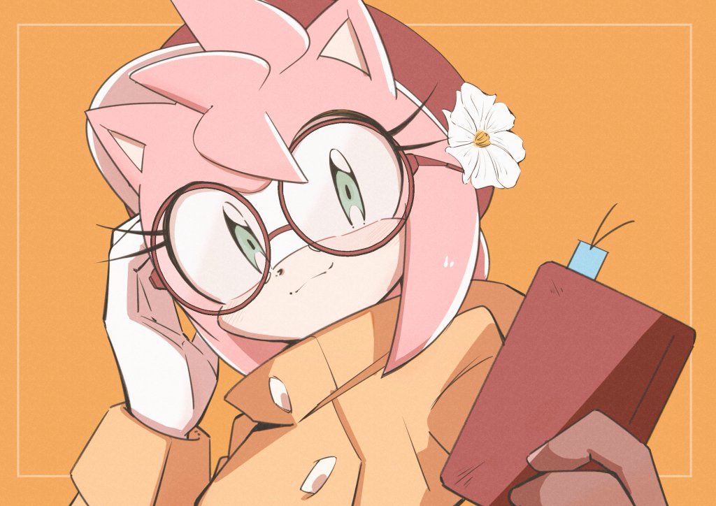 ahoge amy_rose animal_ears book coat flower furry furry_female glasses gloves green_eyes hair_flower hair_ornament hat hedgehog hedgehog_ears hedgehog_girl holding holding_book pink_fur posojo123 red_headwear shadow simple_background smile solo sonic_(series) white_gloves yellow_background yellow_coat