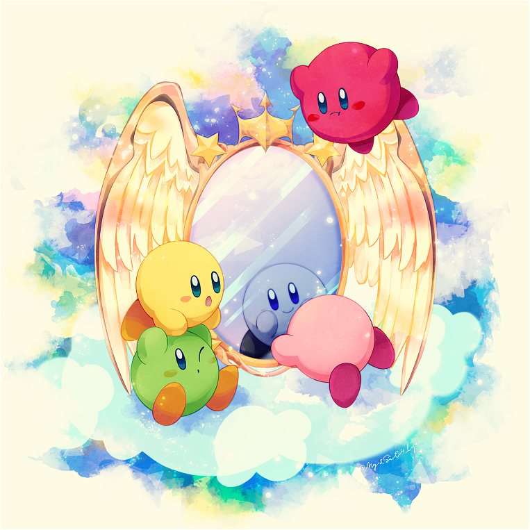 :o :t arms_up artist_name blue_eyes blush blush_stickers closed_mouth clouds commentary_request different_reflection dimension_mirror flying kirby kirby_(series) kirby_and_the_amazing_mirror kotori_(lycka) looking_at_another mirror multicolored_background no_humans on_cloud on_head one_eye_closed open_mouth reflection simple_background sitting smile star_(symbol) twitter_username white_background