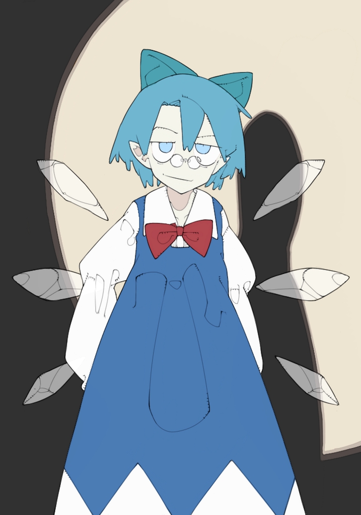 1girl bespectacled blue_bow blue_dress blue_eyes blue_hair bolos bow bowtie cirno closed_mouth collared_shirt commentary cowboy_shot dress english_commentary flat_chest glasses hair_between_eyes hair_bow ice ice_wings long_dress long_sleeves looking_at_viewer medium_bangs pale_skin pinafore_dress pince-nez pointy_ears puffy_long_sleeves puffy_sleeves red_bow red_bowtie rimless_eyewear shadow shirt short_hair sleeveless sleeveless_dress smile solo touhou white_shirt wings