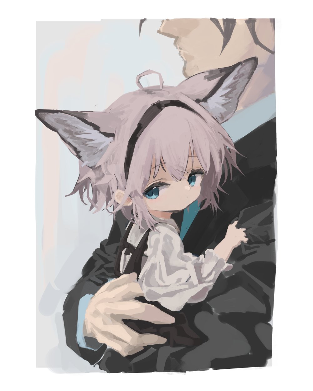 1boy 1girl aged_down ahoge alternate_costume animal_ear_fluff animal_ears arknights blue_eyes codemoretech expressionless fox_ears fox_girl highres long_sleeves looking_at_viewer looking_to_the_side sussurro_(arknights)