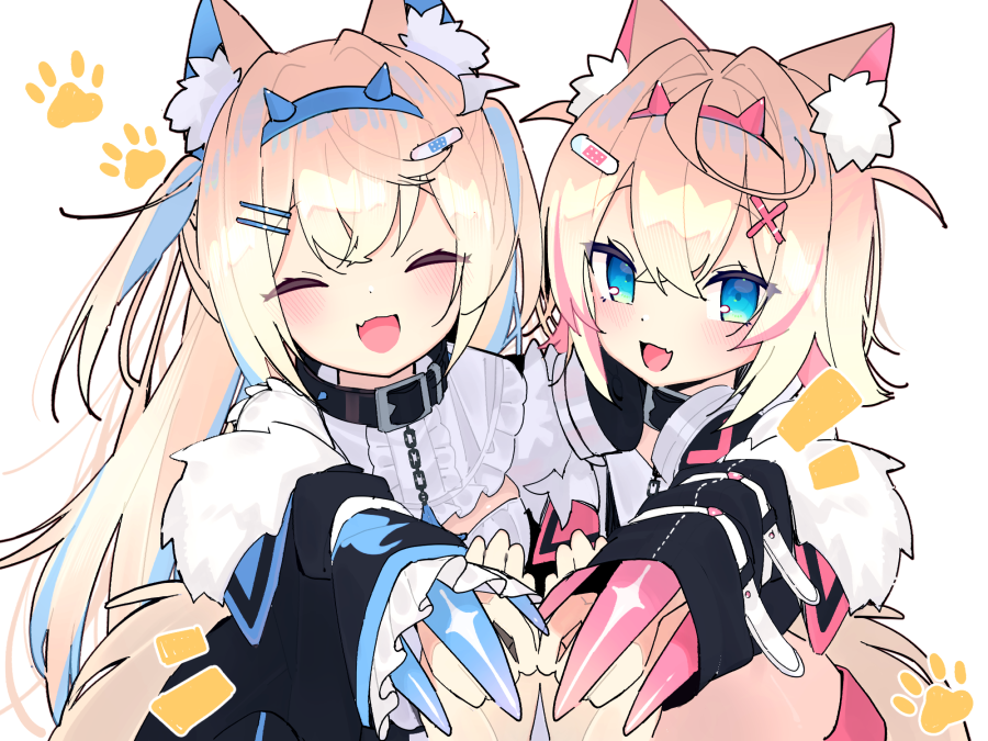 2girls animal_ear_fluff animal_ears belt belt_collar black_collar black_jacket blonde_hair blue_eyes blue_hair closed_eyes collar cropped_jacket cropped_shirt dog_ears dog_girl dog_tail dress fake_claws fur-trimmed_jacket fur_trim fuwawa_abyssgard hair_ornament hairpin hololive hololive_english jacket koori looking_at_viewer mococo_abyssgard multicolored_hair multiple_girls open_mouth pink_belt pink_hair shirt siblings sidelocks sisters smile spiked_collar spikes streaked_hair tail twins two_side_up virtual_youtuber white_background white_dress white_shirt x_hair_ornament