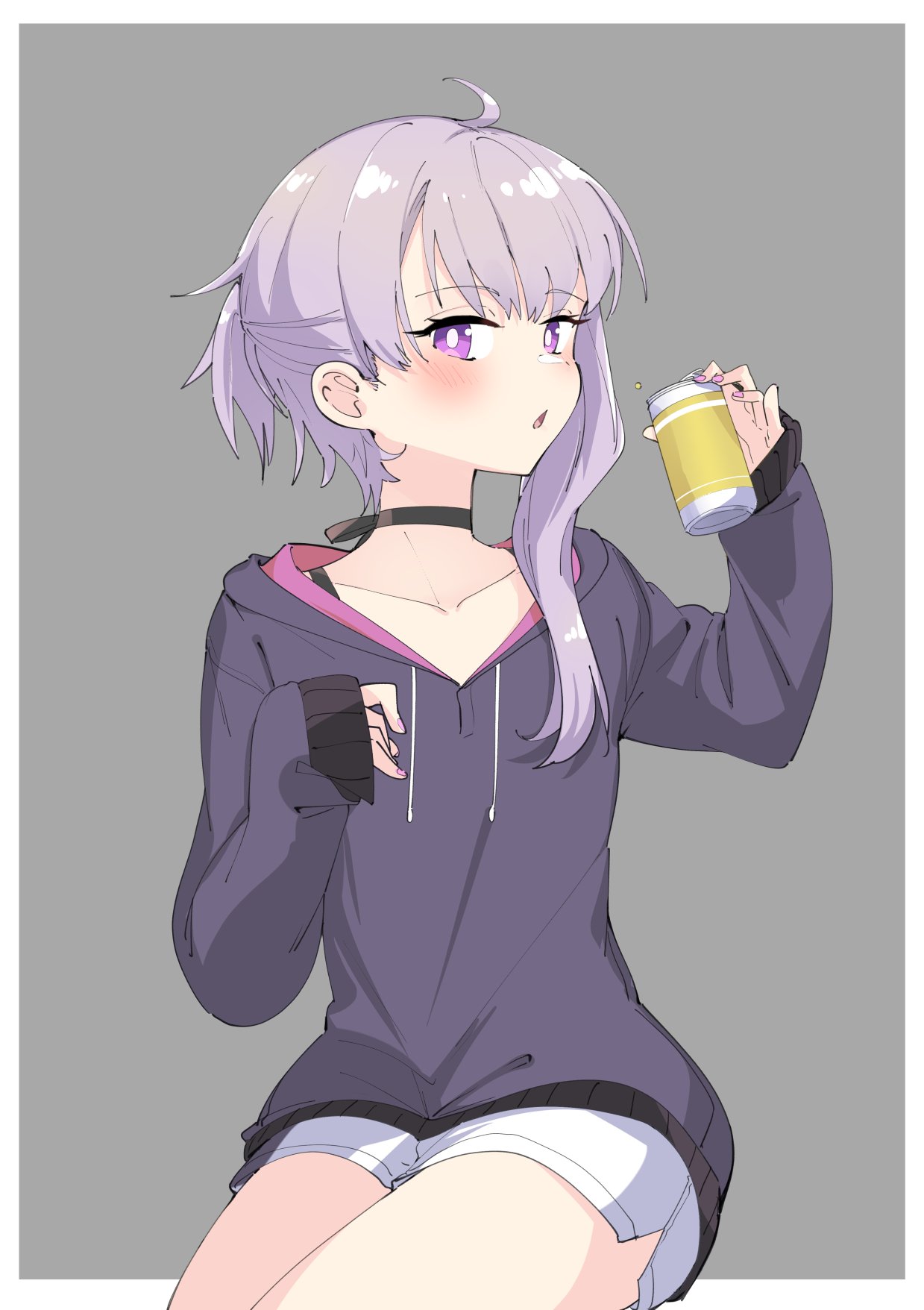 1girl alcohol beer beer_can can highres hood hoodie long_sleeves purple_hair shorts simple_background solo violet_eyes vocaloid yuzuki_yukari zooanime