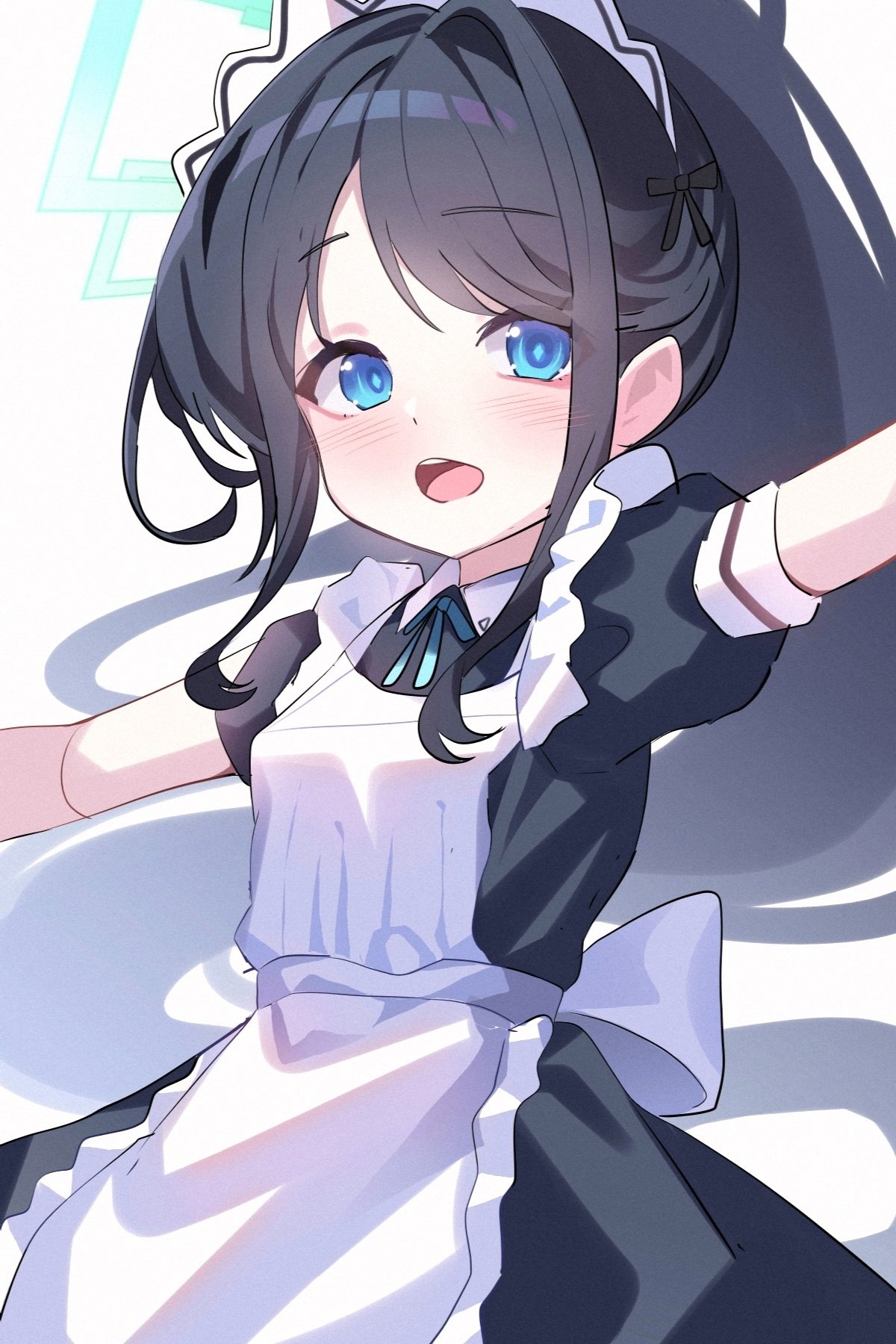 1girl absurdly_long_hair apron aris_(blue_archive) aris_(maid)_(blue_archive) black_dress black_hair blue_archive blue_eyes blush dress frilled_apron frills green_halo halo highres long_hair maid maid_apron maid_headdress official_alternate_costume open_mouth poko050498 short_sleeves simple_background solo very_long_hair white_apron white_background